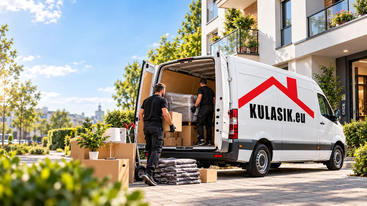 KI-Illustration: Umzug mit KULASIK.EU-Transporter vor einem Wohnhaus