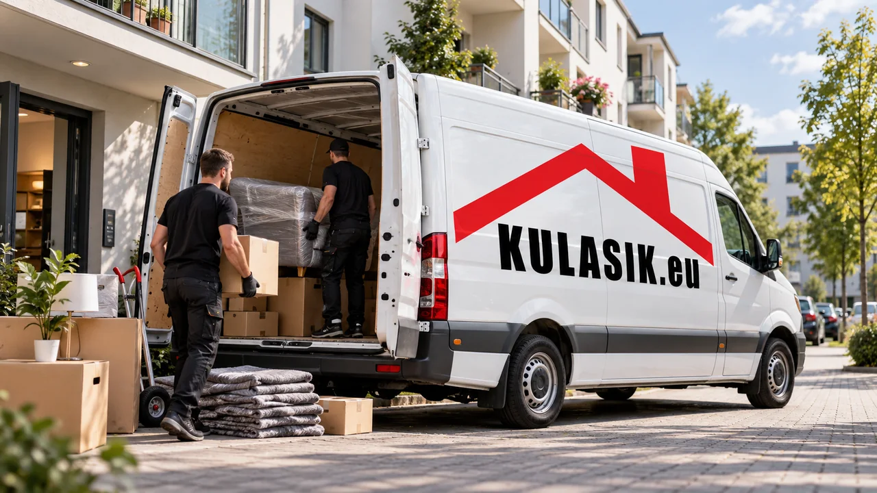 KI-Illustration: KULASIK.EU-Transporter mit Umzugskartons und geschützten Möbeln